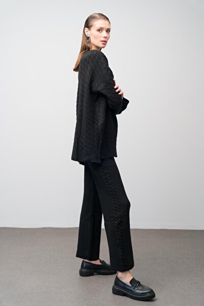 Olcay Black Double Knitwear Set - Hair Braid and Side Slits 9243-Tk