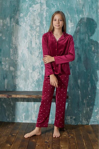 cotonhause Costum de pijama pentru fetiță, cu mânecă lungă, cu nasturi în față, din catifea, bordeaux C4T5N3O31