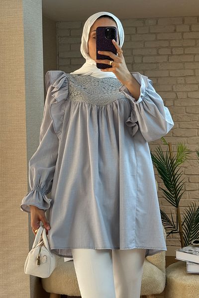 Salih Çelebi 2044 Ruffle Shoulder Tunic - Gray