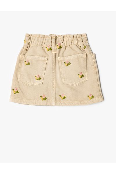 Koton Cotton Denim Skirt - Floral Embroidered, Pocket Detail and Elastic Waist