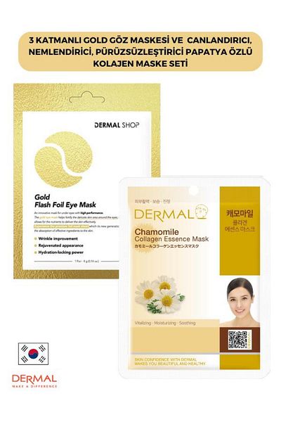 Dermal 3-layer Gold Chamomile Extract Collagen Mask Set - Refreshing, Moisturizing and Smoothing