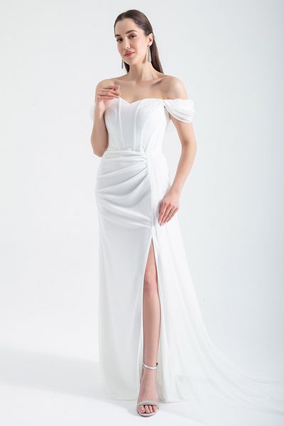 Lafaba Women's White Underwire Corset Detailed Glitter Long Evening Dress