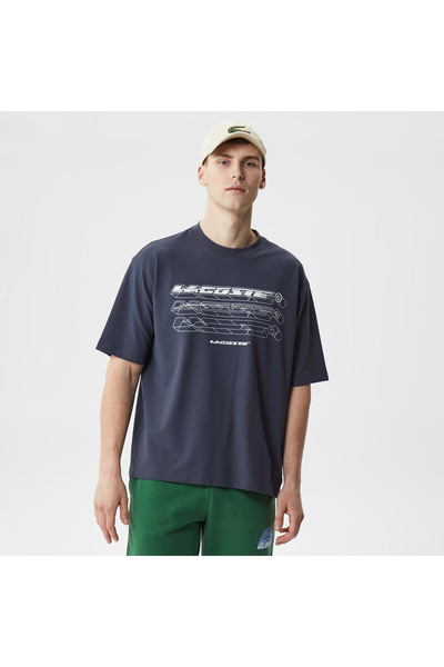 Lacoste Erkek Loose Fit Bisiklet Yaka Organik Pamuk Baskılı Lacivert T-Shirt