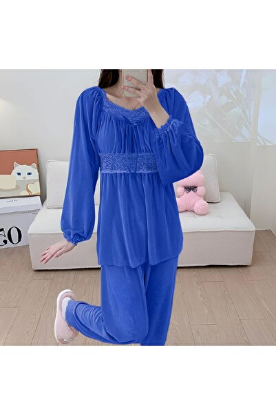 moda4b Kadın Kadife Pijama Takimi 90 , Mavi