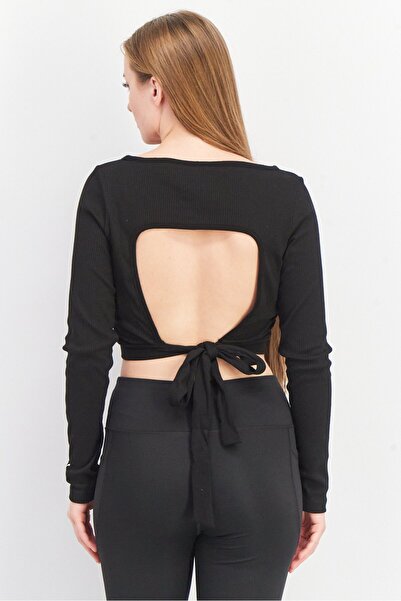 Puma Women Boat Neck Long Sleeve Textured Cut Out Crop Top, Black