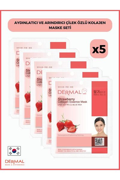 Dermal 23gr 5 Pieces Strawberry Extract Brightening and Purifying Collagen Mask