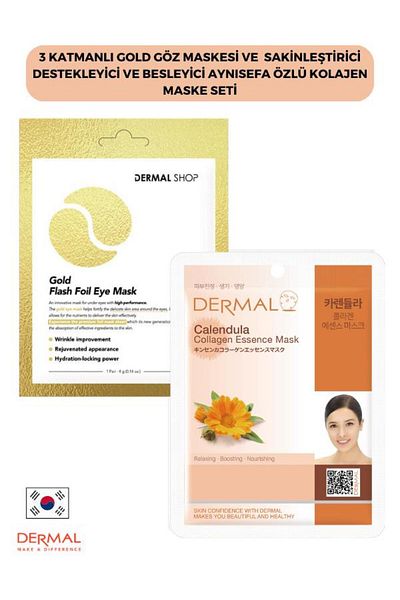 Dermal Gold Colored 3-layer Eye Mask - Calming and Nourishing Collagen Mask with Calendula Extract