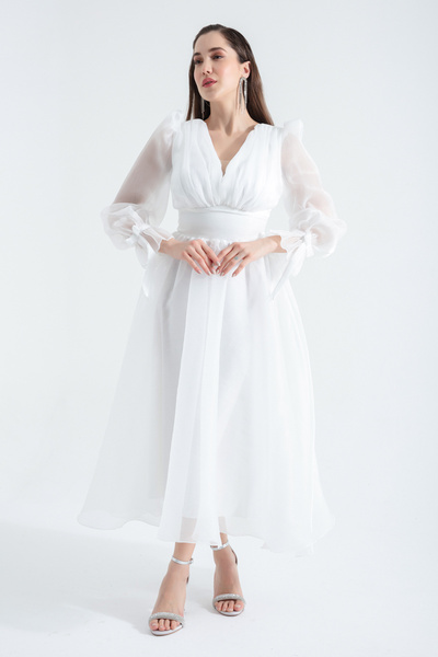 Lafaba Dámské večerní midi šaty s balonovým rukávem a výstřihem do V