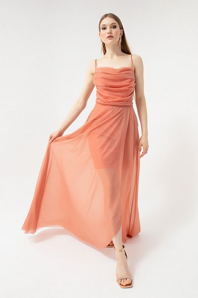 Lafaba Damen-Abendkleid mit lachsfarbenem, drapiertem Volant und Glitzer auf der Brust