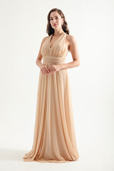 Lafaba Μπεζ μακρύ βραδινό φόρεμα - λαιμόκοψη και εξώπλατο