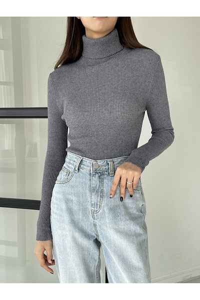 JAKARLI Unisex Smoked Gray Cotton Turtleneck Slimfit Turtleneck Sweater