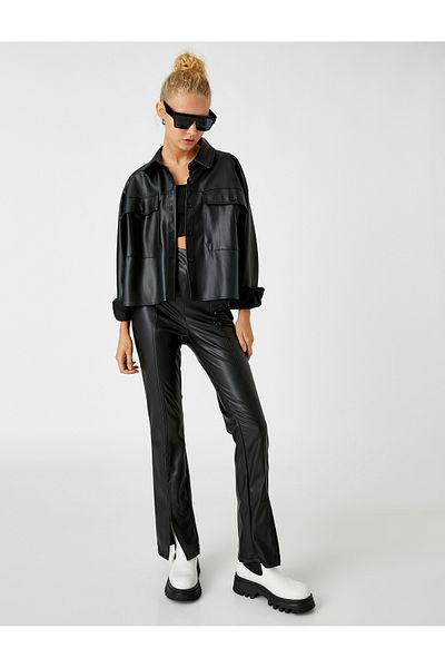 Koton Leather Look Trousers with Flared Leg Slits