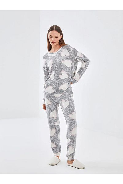 LC Waikiki Gray Melange Printed Crew Neck Patterned Women's Pajamas Set