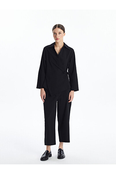 LC Waikiki Black Double Breasted Collar Seersucker Oversize Women's Kimono