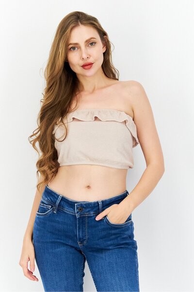 Bar III Women Straight Across Sleeveless Textured Crop Top, Beige