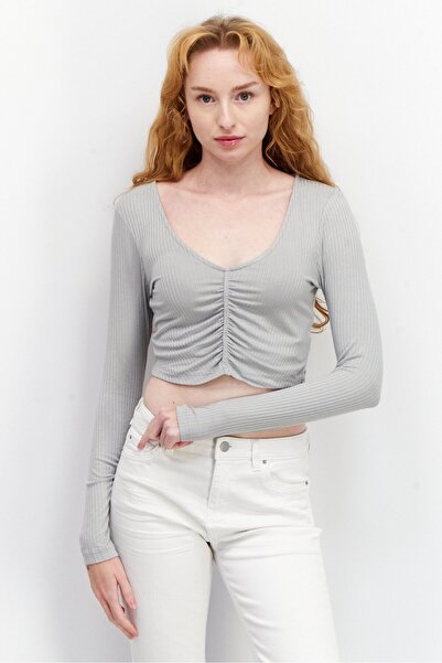 Pamela x NA-KD Reborn Women U-Neck Long Sleeves Plain Shirt, Grey