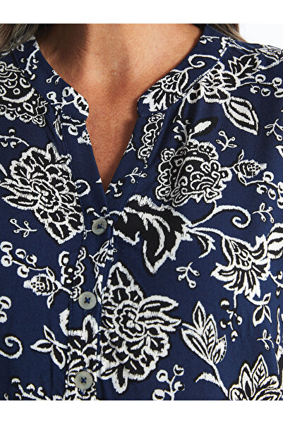 LC Waikiki Navy Blue Scoop Neck Patterned Long Sleeve Women's Blouse