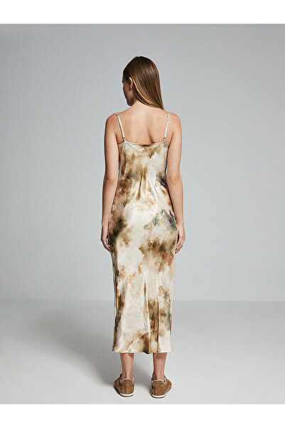 LC Waikiki Blue Draped Neck Strap Batik Patterned Satin Dress