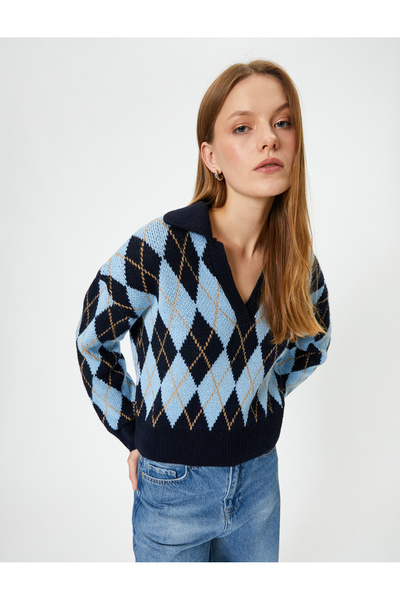 Koton Голям пуловер с поло яка - с диамантени шарки, дълъг ръкав