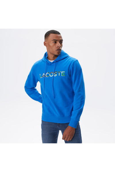Lacoste Erkek Regular Fit Kapüşonlu Baskılı Mavi Sweatshirt