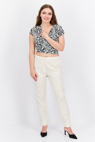 Etam Women Split Neck Cap Sleeve Allover Print Top, Black