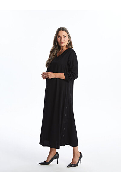 LC Waikiki Lcw Grace Schwarzes Damenkleid mit V-Ausschnitt