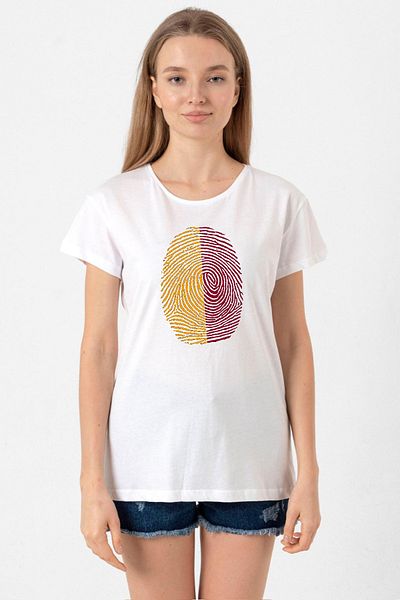 Tshirthane Yellow Red Fingerprint White Women's Bicycle Collar T-Shirt