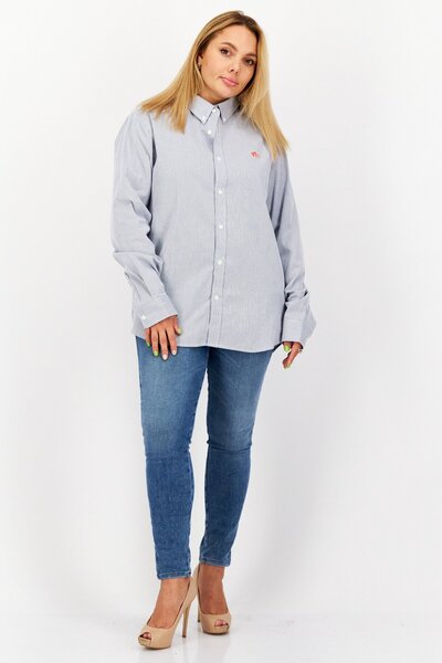 Esprit Women Button Down Collar Long Sleeves Stripe Casual Shirt, Blue