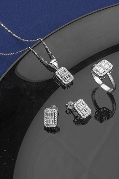 Else Silver Özel Tasarım Baget Taşlı Gümüş Takı Seti