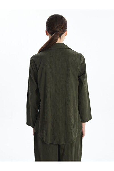 LC Waikiki Khaki Double Breasted Collar Seersucker Oversize Women's Kimono