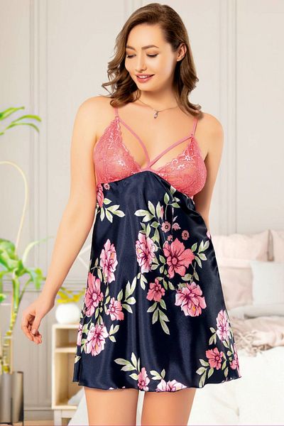 Myluvi Cămașă de noapte pentru femei din satin cu dantelă cu imprimeu floral de mărime mare