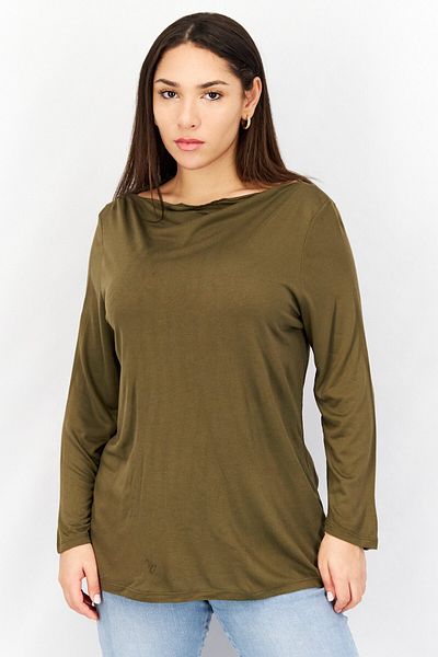 Esprit Women Bateau Neck Long Sleeve Plain Top, Olive