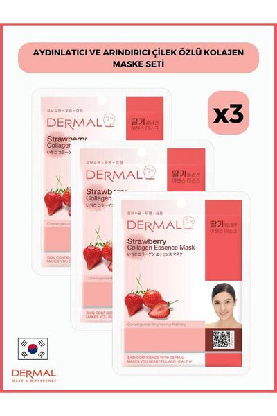 Dermal 23gr 3 Pieces - Brightening and Purifying Strawberry Extract Collagen Mask