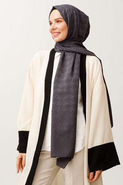 Mooncorn Μεταξένιο ζακάρ σάλι με μοτίβο Anthracite Houndstooth