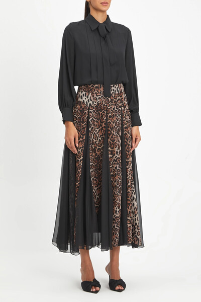 SERPİL Leopar Desenli Şifon Katmanlı Uzun Volanlı Camel Etek 40472