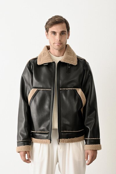 Valiberta Ανδρικό δερμάτινο μπουφάν με λεπτομέρεια από γούνα σε μπεζ χρώμα