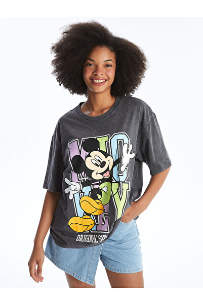 LC Waikiki Antrasit Bisiklet Yaka Mickey Mouse Baskılı Kısa Kollu Oversize Kadın Tişört