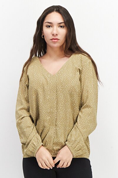 Esprit Women  V-Neck Long Sleeves Pola Dots Blouse, Khaki/White