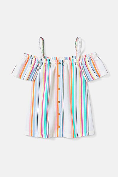 Tchibo Kids Girl Cold Shoulder Stripe Top, White Combo