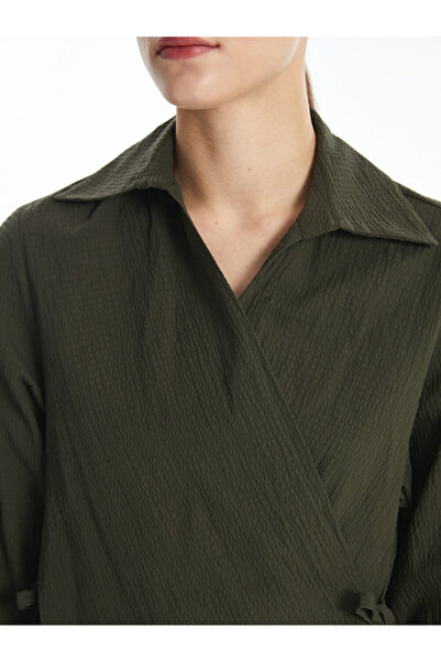 LC Waikiki Khaki Double Breasted Collar Seersucker Oversize Women's Kimono