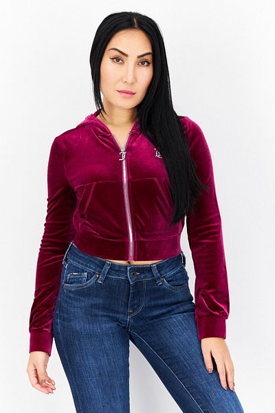 Juicy Couture Women Hooded Long Sleeve Cropped Fleece Sweatshirt, Magenta