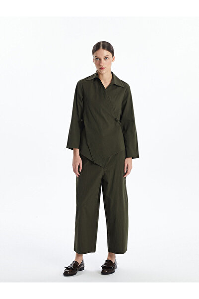 LC Waikiki Khaki Double Breasted Collar Seersucker Oversize Women's Kimono