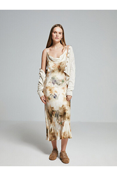 LC Waikiki Blue Draped Neck Strap Batik Patterned Satin Dress