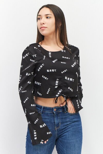 Cropp Women Round Neck Long Sleeve Allover Print Blouse, Black