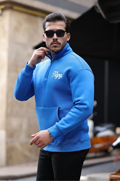 Valiberta Cozy Kanguru Nakışlı Şardonlu Yarım Fermuar Sweatshirt - Mavi