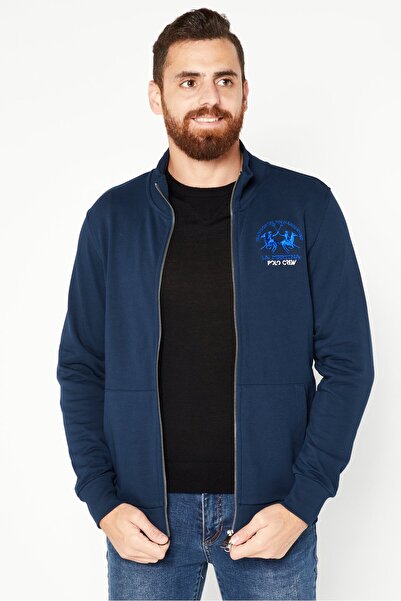 La Martina سويت شيرت رجالي بشعار مطرز بأكمام طويلة وياقة عالية، أزرق داكن