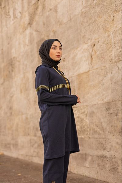 CNG MODA Navy Blue Women's Tracksuit Set - Hooded and Glitter Stripe