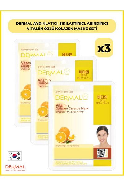 Dermal Brightening Collagen Mask with Vitamin Essence - Firming and Purifying, 23gr, 3 Pieces