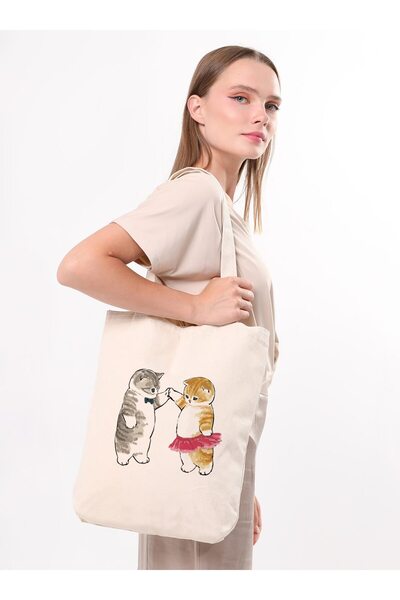 Çınar Bez Çanta Geantă Tote Canvas Dancing Cats - Crem - Çınar Tote Bag