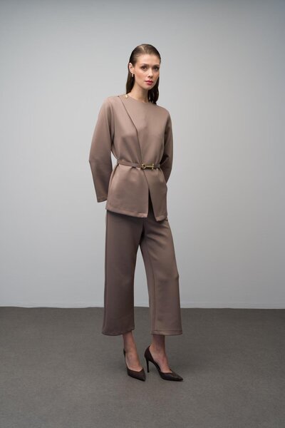 Olcay Scuba Fabric Belted Jacket and Trousers Set - Mink 9261-Tk